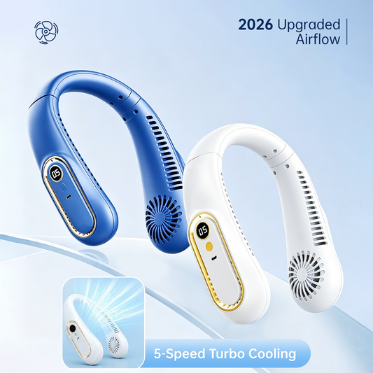 ❄️ Rechargeable Neck Fan — Strong Turbo Cooling Wind & 5-Speed Hands-Free Comfort