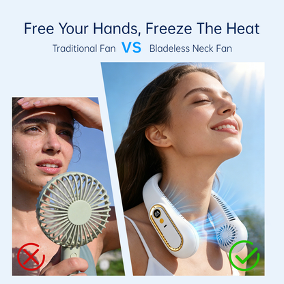 ❄️ Rechargeable Neck Fan — Strong Turbo Cooling Wind & 5-Speed Hands-Free Comfort