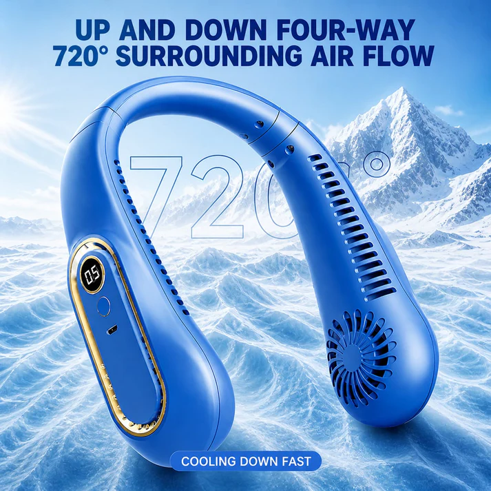 ❄️ Rechargeable Neck Fan — Strong Turbo Cooling Wind & 5-Speed Hands-Free Comfort